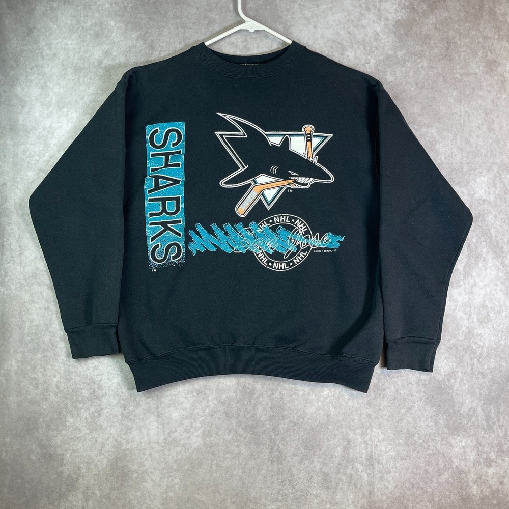 VINTAGE 90s San Jose Sharks Sweatshirt Mens Large Black Logo 7 NHL Hockey USA